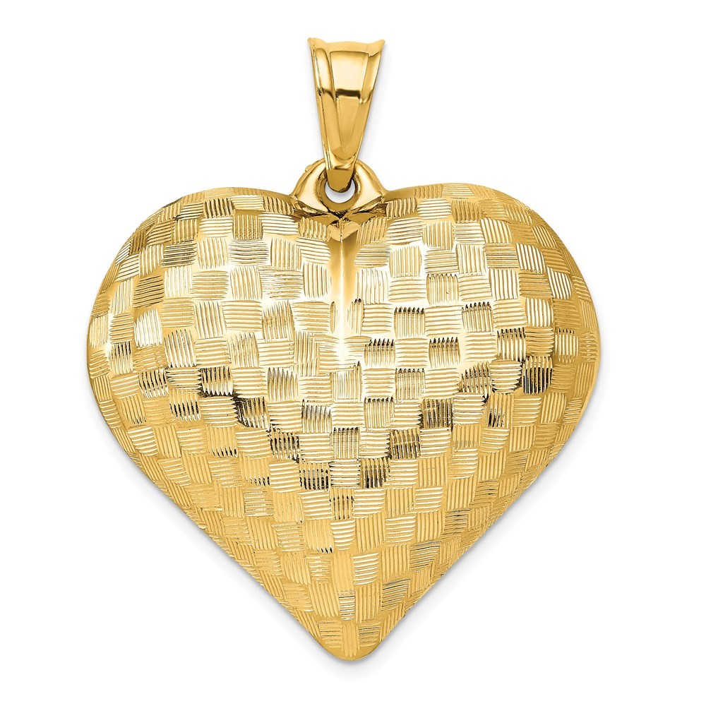 14k Yellow Gold Polished Basket Weave Pattern 3-D Puffed Heart Pendant