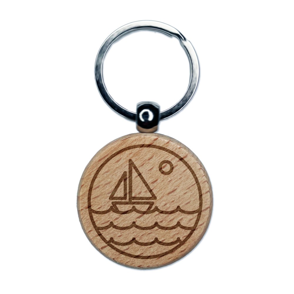 Sailboat on Ocean Lake Engraved Wood Round Keychain Tag Charm