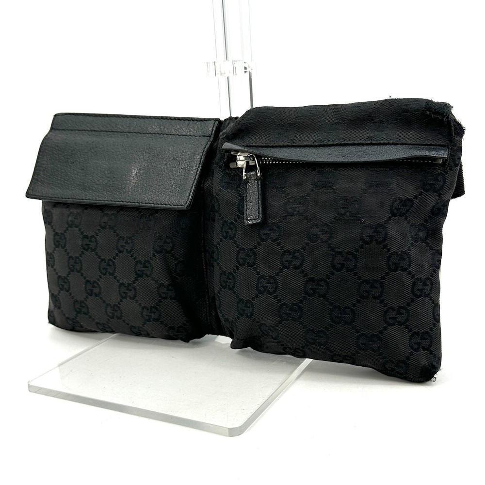 GUCCI Waist Pouch Shoulder Bum Bag Belt Bag GG Canvas Leather Black Authentic