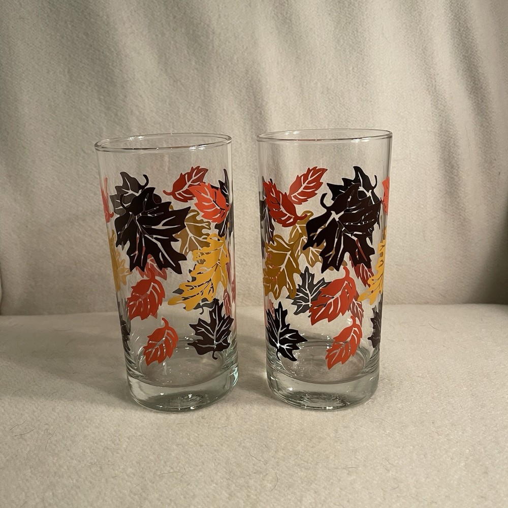 Vintage Libbey Cross Fall Leaves Highball Glasses 16 Oz Set of 2