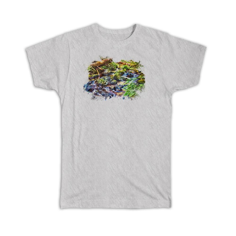 Watercolor Scenery T-Shirt with Waterfall and Woods Frame  