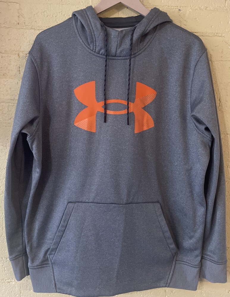 UNDER ARMOUR Storm Cold Gear Mens Large Gray Orange Logo Loose Hoodie Sweatshirt