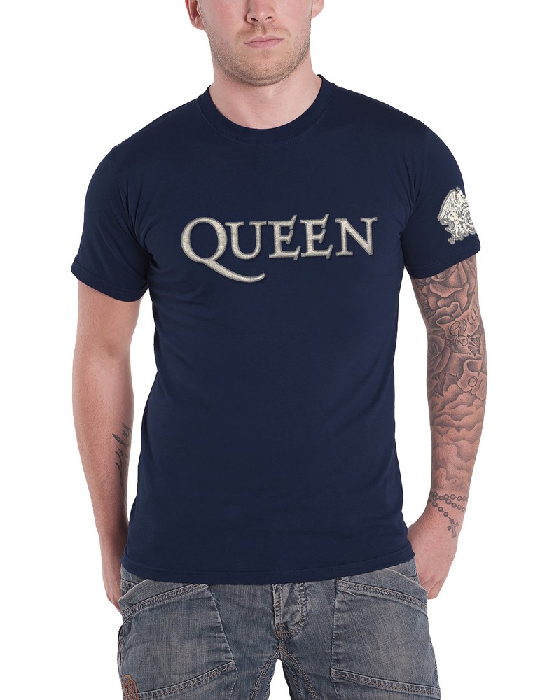 Official Navy Blue Queen Band Logo & Crest Applique Mens T-Shirt