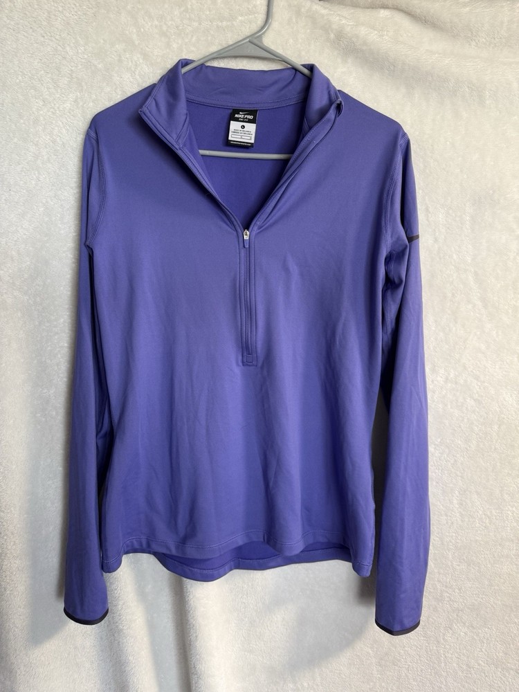 Nike Pro Dri-FIT Pullover Top Womens L Purple 1/4 Zip Long Sleeve