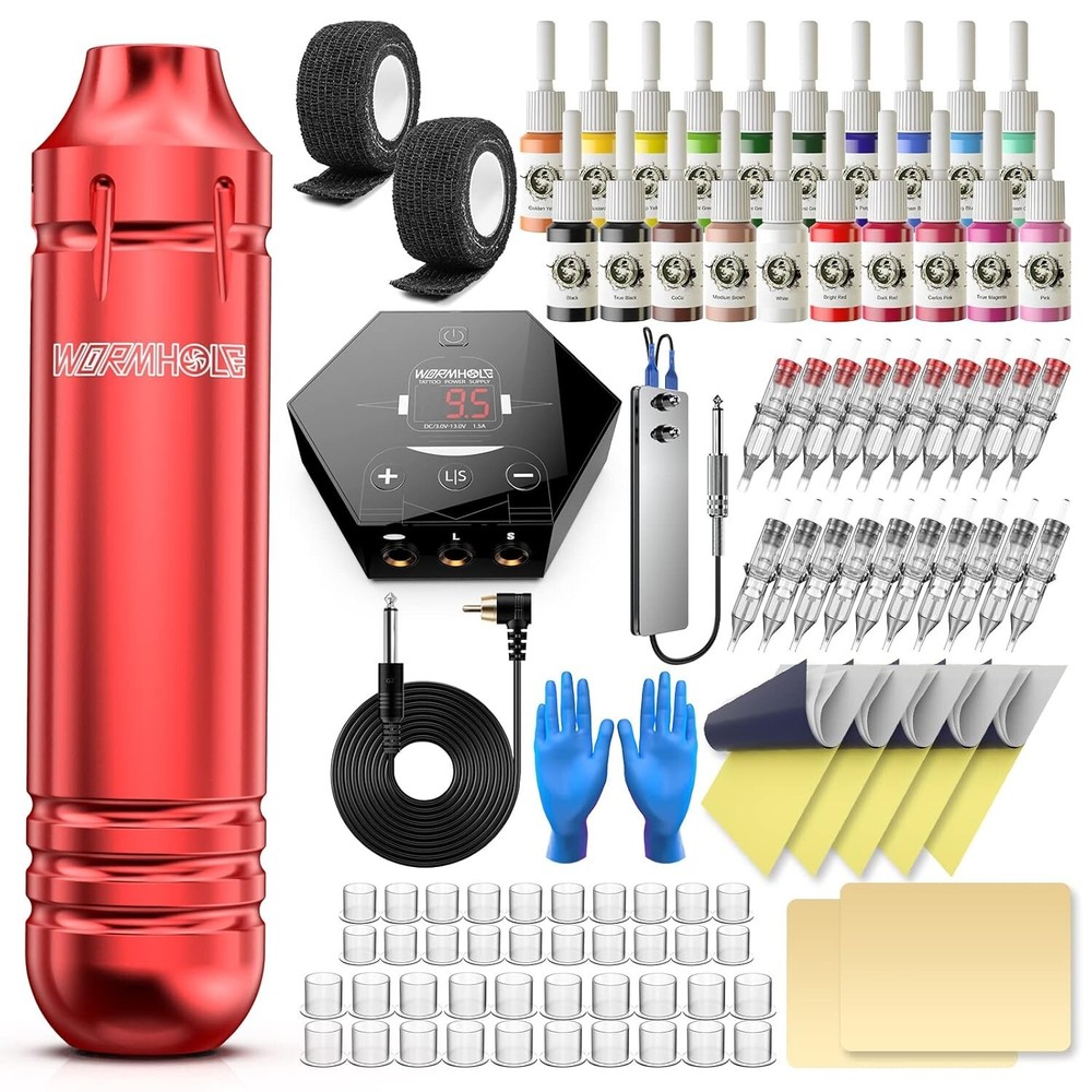 Tattoo Pen Machine Kit Needles Cartridge Ink Wireless Rotary Gun Power Supply