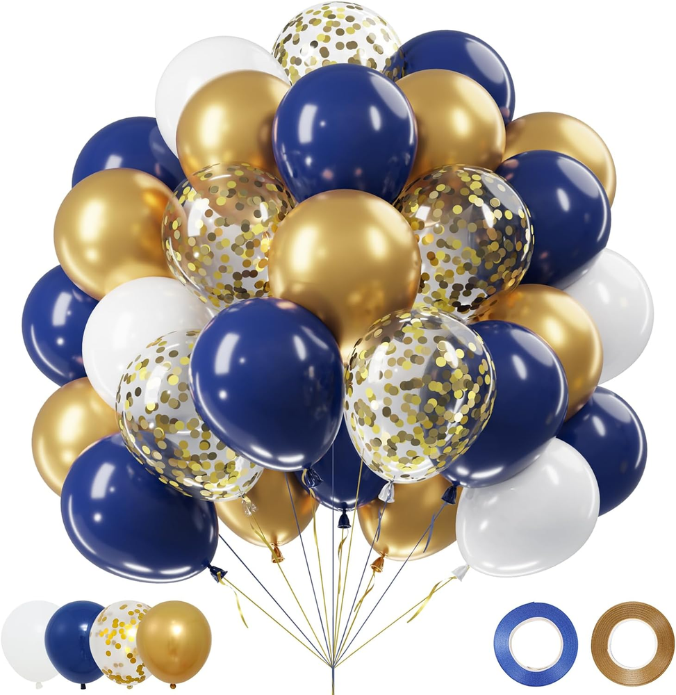 Navy Blue Gold Balloons Set, 60Pcs 12 Inch Navy Blue White Metallic Gold and Gol