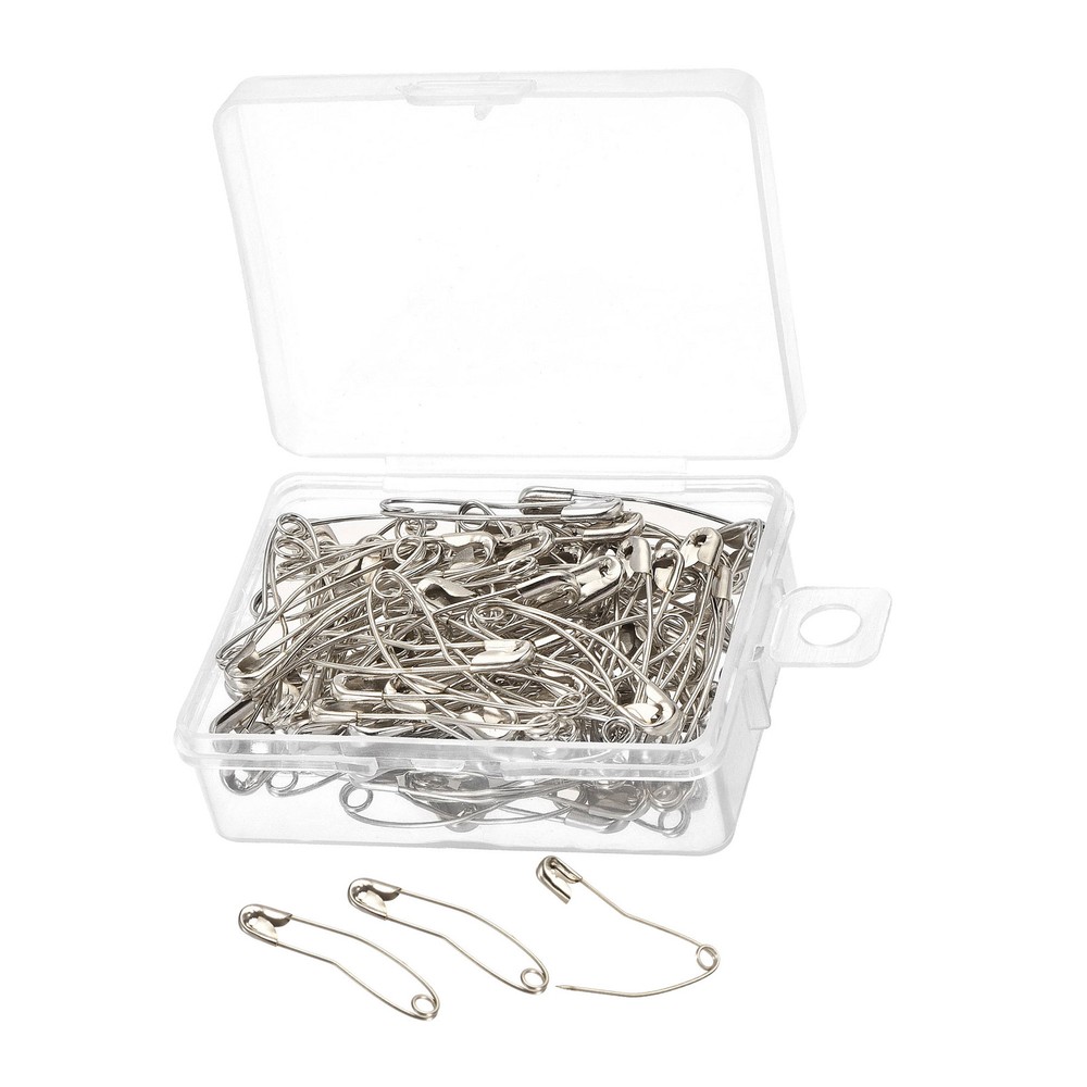 100 Pcs 1.3-Inch Curved Silver Safety Pins for Sewing in Storage Box  