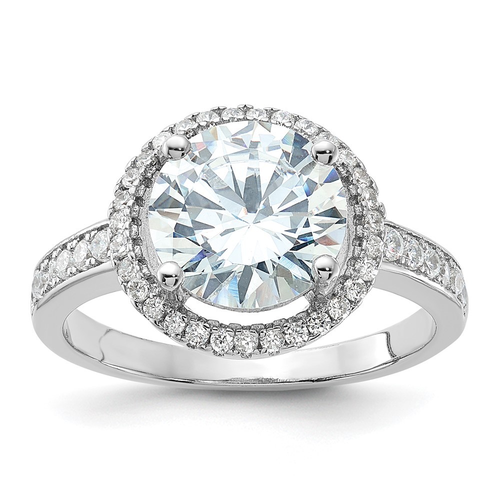 925 Sterling Silver Rhodium-plated 8mm Center Halo Cubic Zirconia Ring Size 7