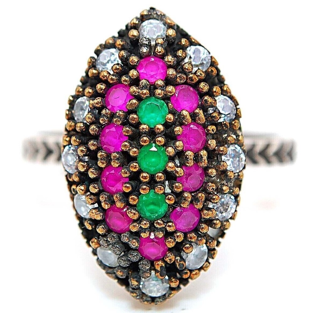 1CT Treated Emerald 925 Sterling Silver Ottoman Empire Style Ring Size 7 HB2-9