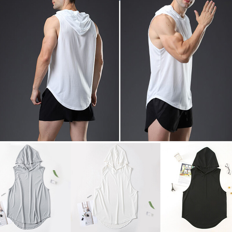 Men Gym Sleeveless Hoodie Tank Tops Sports Fitness Muscle Hooded Vest T-Shirt ..