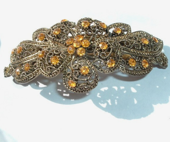 Vintage Citrine Rhinestone Floral Filigree 3.5