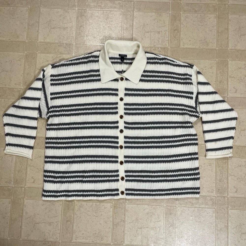2022 Torrid Womens 3X Grey White Striped Pullover Collared Button Front Sweater