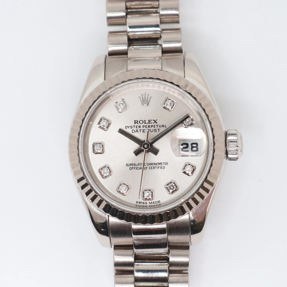 2000s Rolex Datejust 26mm 18K White Gold Ladies Watch Silver Diamond Dial Ref 179179