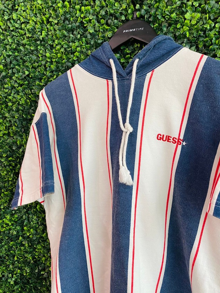Vintage Guess Short Sleeve Striped Hoodie Sz Large