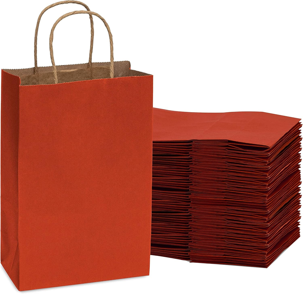 6X3X9 100 Pack Mini Red Gift Bags with Handles, Christmas Kraft Paper Bags, Holi
