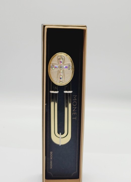 Vintage Monet Cross Enamel Gold Tone Crystals Paperclip Bookmark NIB