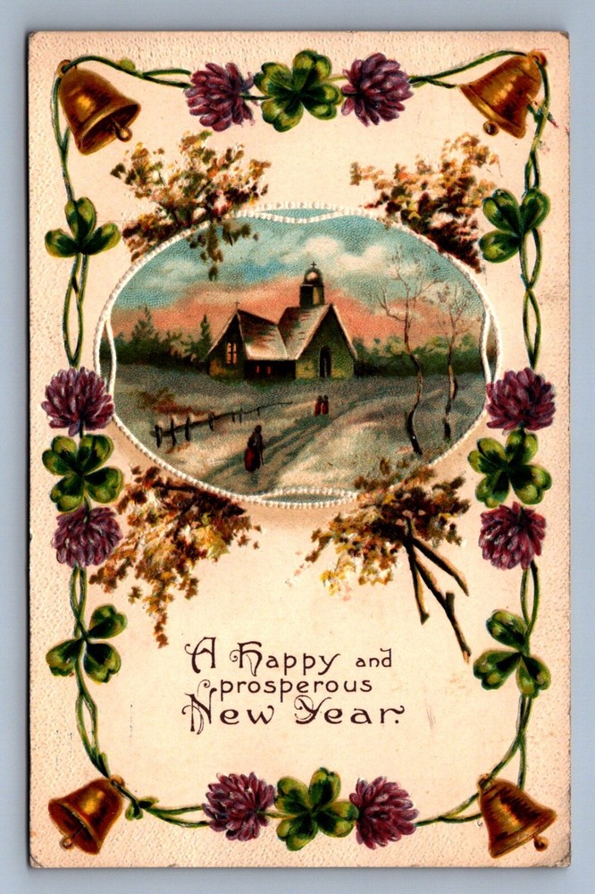 Postcard Vtg New Year's Holiday Celebration Winter Church Bells Shamrocks Flower