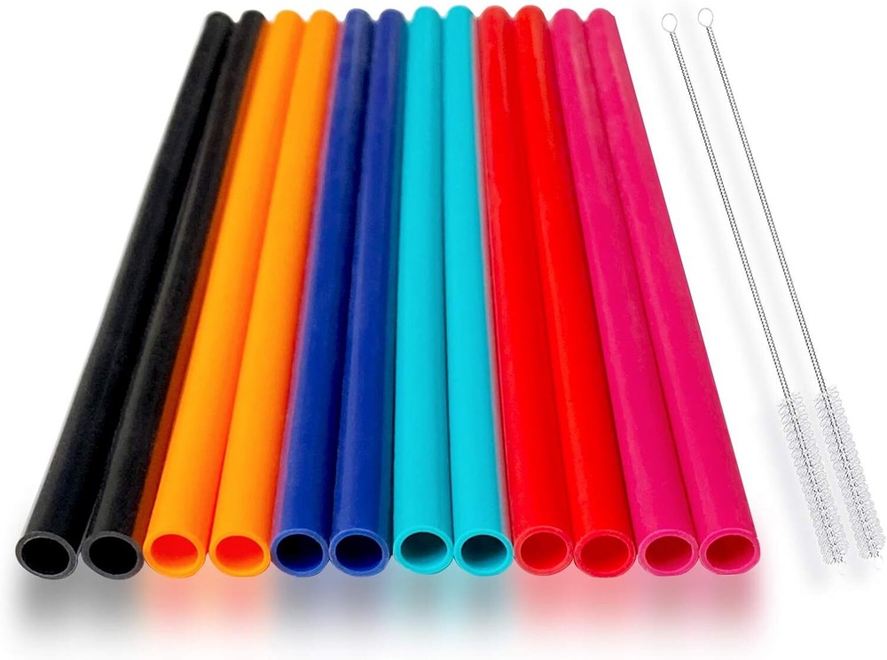 12 Pcs Eco Friendly Silicone Straws with 2 10 inch, Multicolor, Pure Color B