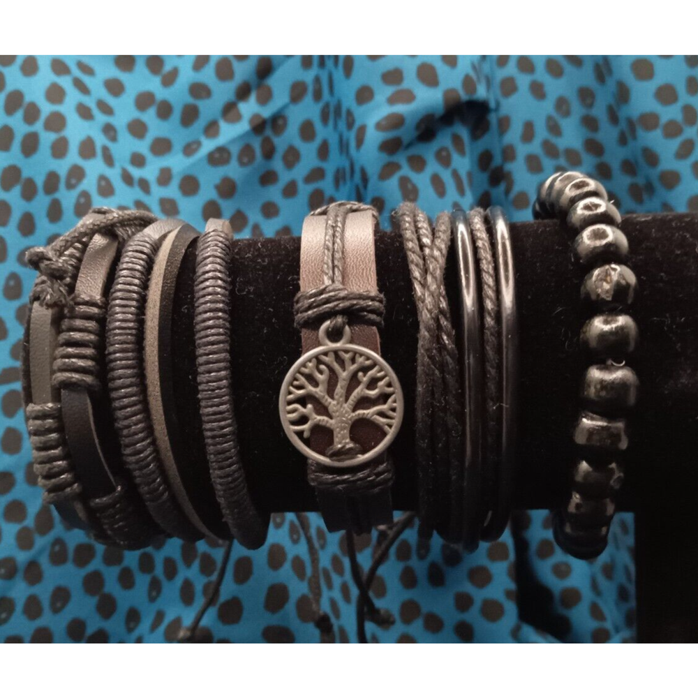 5-Pack Boho Bracelets: 4 Adjustable Leather & 1 Tree of Life Resin Design
