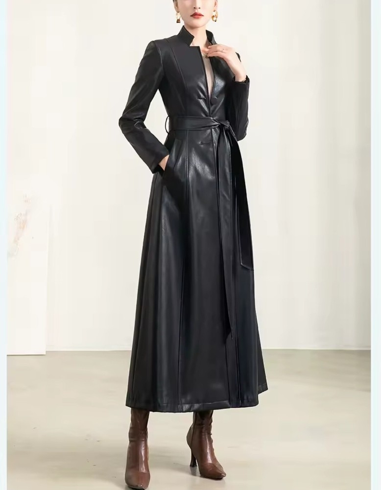 Leather Trench Coat Jacket Black Belted Soft Button Coat Vintage Womens Size 10