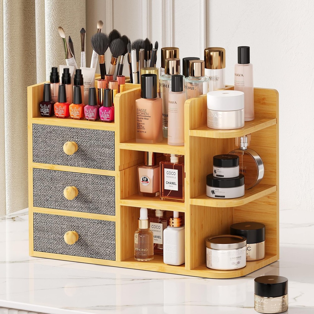 Bamboo Vanity Makeup Organizer with Brush Holder for Countertop Storage