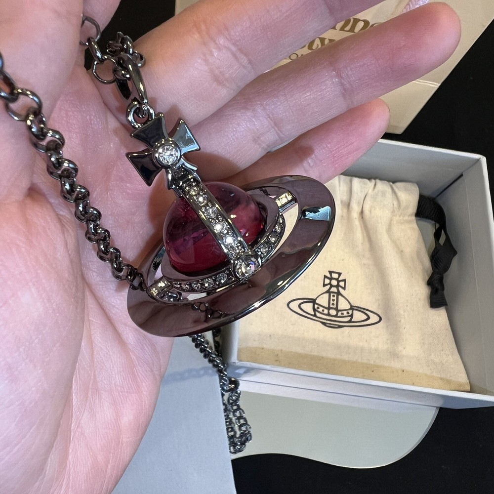 Vivienne Westwood Gunmetal Globe Orb Necklace with Purple Crystal