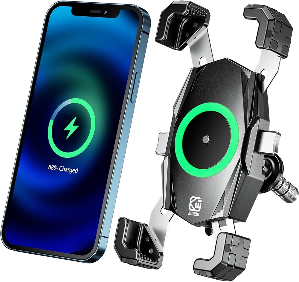 Motorcycle Fork Stem Phone Mount with Qi 15W Wireless Charger & USB C 20W Fast