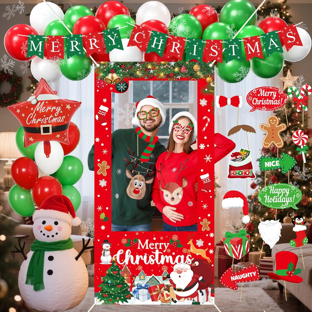 Christmas Party Decorations Set with Photo Booth Frame, Merry Christmas Banner,
