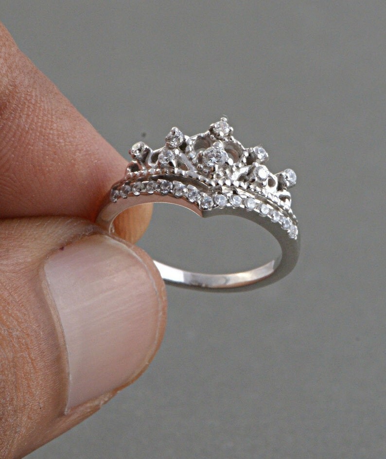 Dainty Princess Tiara Crown Engagement Ring in Silver with CZ Stones
