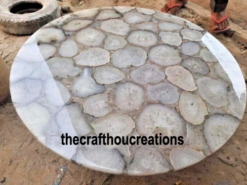 White Agate Round Coffee Tabletop – Natural Semi-Precious Stone Decor Piece