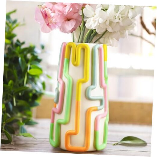 Colorful Lined Vase for Flowers, 8 Inch Tall Decorative Medium White&yellow