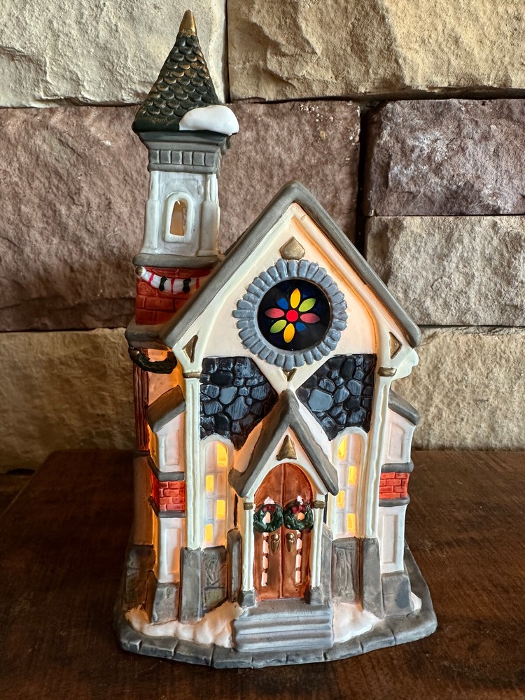 Seasonal Specialties Christmas Valley Stained Glass Church Christmas Village-image