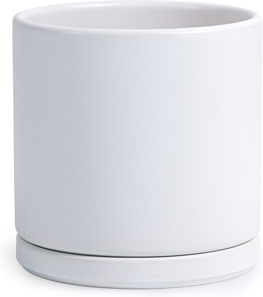 D'Vine Dev 10 Inch Ceramic Planter Pot with Drainage Hole and Saucer, Indoor Cyl