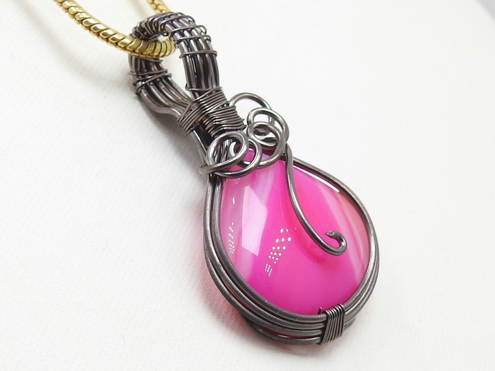 Pink Strip Agate Brass Pendant Silver Oxidised Polished Wire Wrapped Jewelry