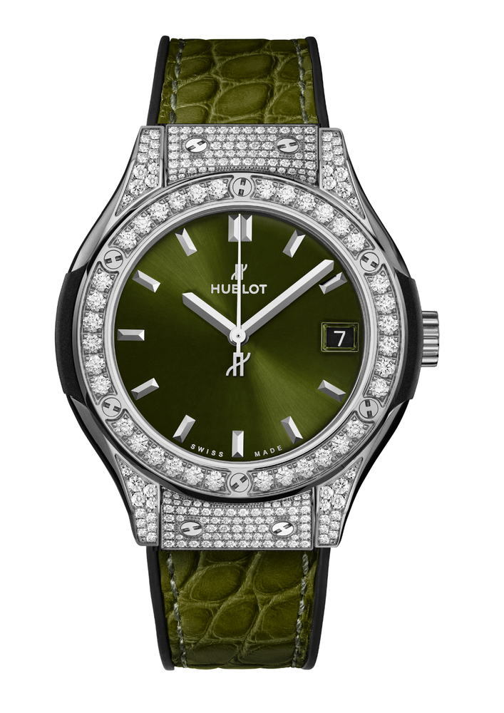 HUBLOT 581.NX.8970.LR.1704 CLASSIC FUSION TITANIUM GREEN PAVÉ 33 MM