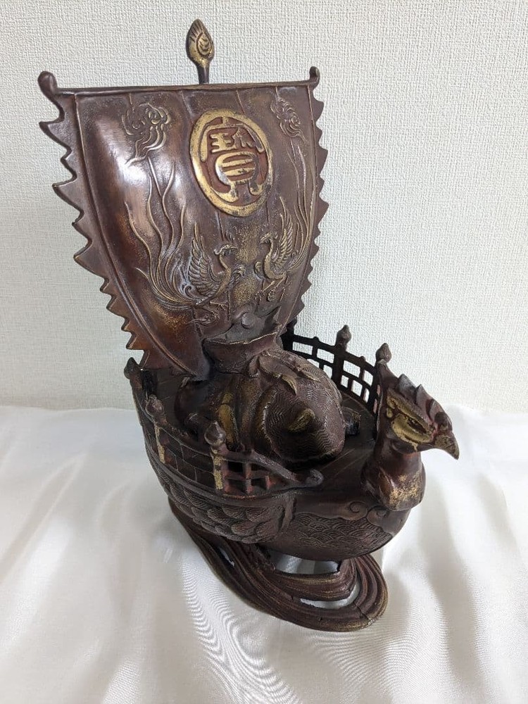 Bronze Large Statue 10.2in Phoenix Ship Incense Burner Japanese Censer Sculpture