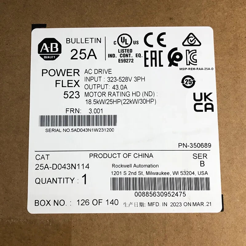Allen Bradley 25A-D043N114 PowerFlex 523 22kW 30Hp AC Variable Frequency Drives