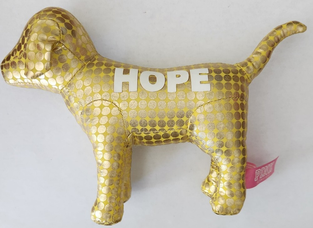 Victoria's Secret PINK Plush Stuffed Toy Dog Gold Metallic Circle Dots HOPE