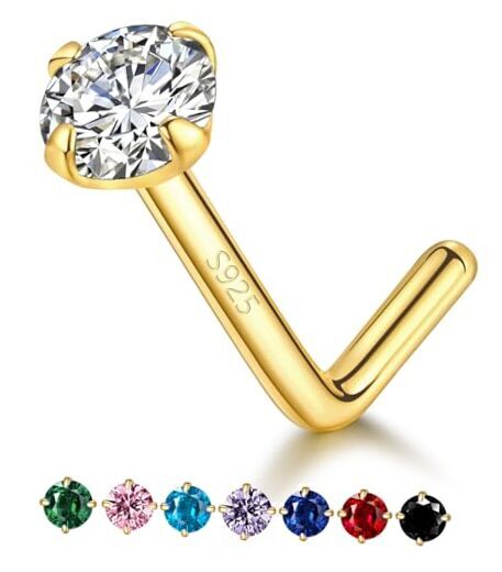 14k Gold Plated Sterling Silver Small L Shaped Nose Rings Gold - CZ Diamond