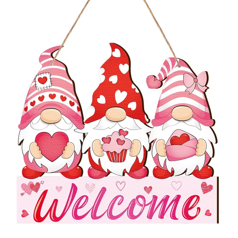 Valentine's Day Gnome Welcome Sign Valentines Hanging Wreath Door Sign for Fr...