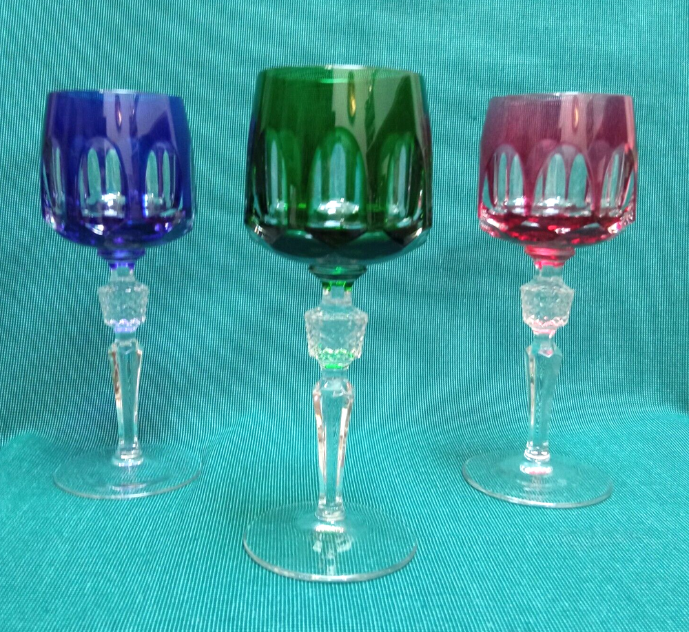 Set of 3 Nachtmann Antika wine  glasses in different colors overlay crystal