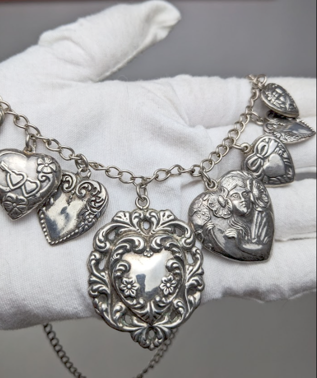 Vintage Sterling Silver Puffy Heart Charm Necklace Art Nouveau Style 20