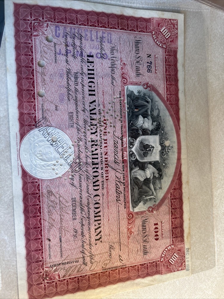 Vintage 1910 Lehigh Valley Railroad Stock Certificate Collectible