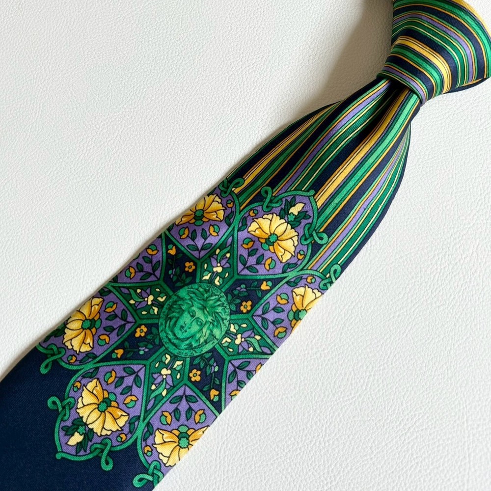 Gianni Versace 90s Silk Tie Medusa Floral Stripe Green Gold Purple Italy Japan