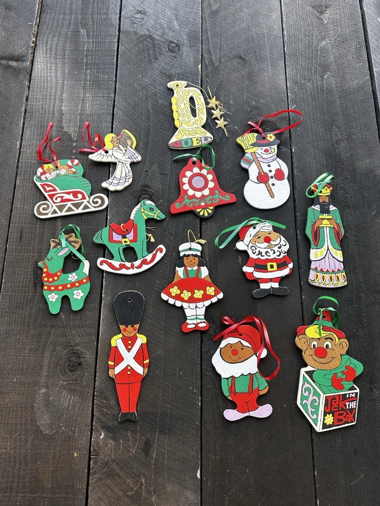 Vintage 70s Set Of Painted Wooden Christmas Hanging Ornaments set of 13