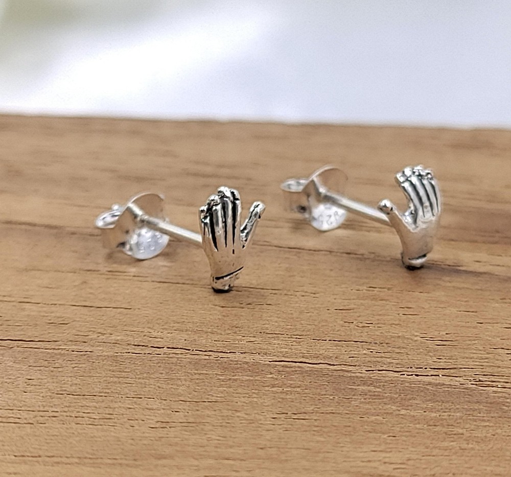 925 Silver Baby Hand Sign Studs Jewelry Tiny Hand Charm Earrings