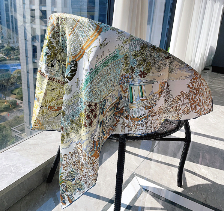 14 Momme Twill Silk Neckerchief 88X88cm Scarf park Print Women Bandana Square