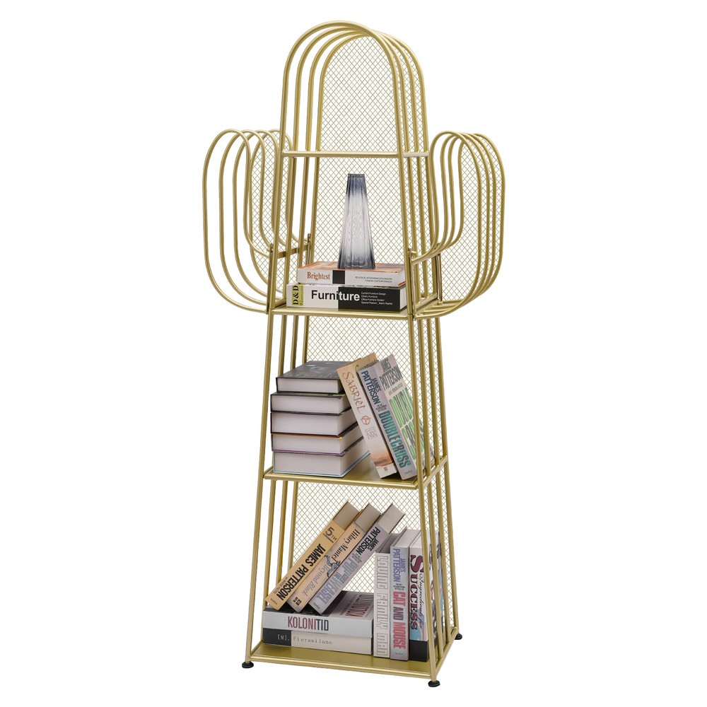 4-Tier Metal Ladder Bookcase Cute Cactus Storage Organizer Shelf