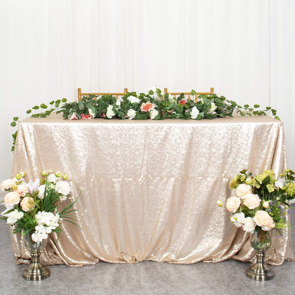90x156 Rectangle Champagne Sequin Glitter Tablecloth for Elegant Events