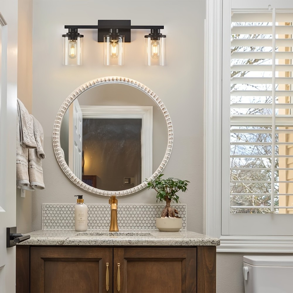3-Light Bathroom Vanity Light Fixture Modern Style Matte Black Base Clear Shade